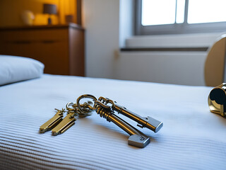 Keys on the table in new apartment or hotel room. Mortgage, investment, rent, real estate, property concept
