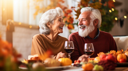 Senior Woman and Man Sharing Thanksgiving Stories and Laughter, happy seniors celebrating Thanksgiving, wide banner with copy space area Generative AI