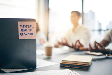 Note, work and business people with meditation for mental health awareness in the workplace. Yoga,...