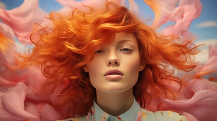 Fototapeta premium Creative portrait Young beautiful redhead model. Fashionable, contemporary styling of bright pastel pink and yellow color.
