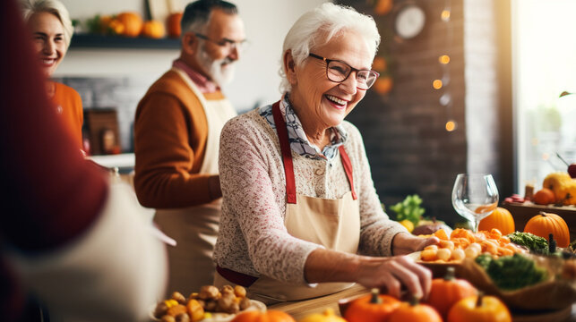 Seniors Engaging in a Thanksgiving Cooking Class, Learning and Enjoying, happy seniors celebrating Thanksgiving, wide banner with copy space area Generative AI