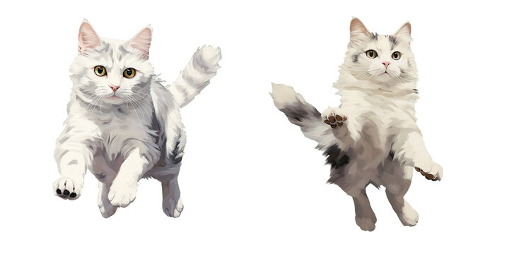 A cat almost jumping with colors white and gray