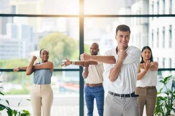 Peel and stick wall murals Fitness Workout, stretching and a group of business people in the office to exercise for health or mobility together. Fitness, wellness and coach training an employee team in the workplace for a warm up