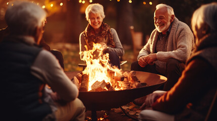 Elderly Friends Gathering Around a Bonfire, Sharing Stories and Warmth on Thanksgiving, happy seniors celebrating Thanksgiving, wide banner with copy space area Generative AI