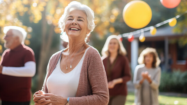 Seniors Engaging in a Thanksgiving-themed Exercise Class, Combining Fitness and Fun, happy seniors celebrating Thanksgiving, wide banner with copy space area Generative AI