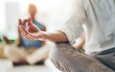 Yoga, relax or hands of business people in office for mental health, wellness or breathing exercise...
