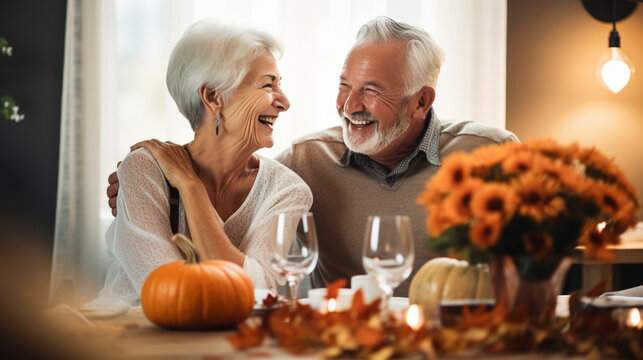 Senior Woman and Man Hosting a Thanksgiving Storytelling Evening, Laughter and Warmth, happy seniors celebrating Thanksgiving, wide banner with copy space area Generative AI