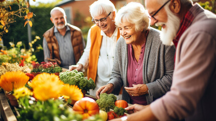 Seniors Engaging in a Thanksgiving Gardening Project, Nurturing Nature and Connection, happy seniors celebrating Thanksgiving, wide banner with copy space area Generative AI