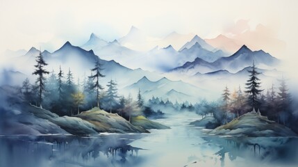 Mountain Peaks minimalist watercolor landscape art	