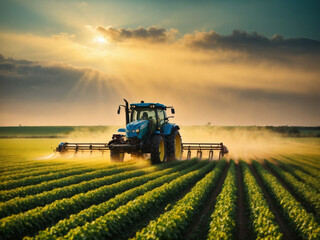 Tractor spraying pesticides on soybean field with sprayer at spring