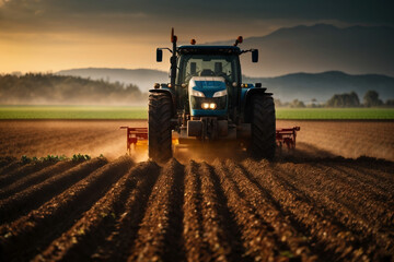 Obraz premium tractor preparing land with seedbed cultivator as part of pre seeding activities in early spring season of agricultural works at farmlands.