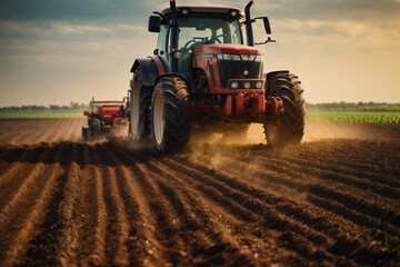 tractor preparing land with seedbed cultivator as part of pre seeding activities in early spring season of agricultural works at farmlands.