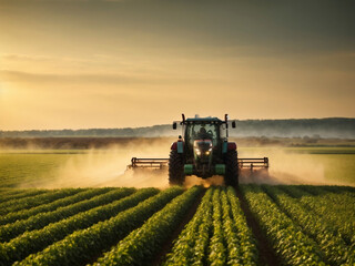 Tractor spraying pesticides on soybean field with sprayer at spring