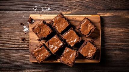 Top view of chocolate fudge brownies against a rustic wooden background