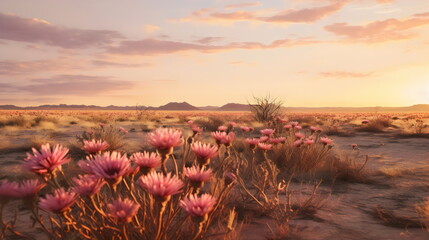 wildflowers in desert with dawn sunrise pink sky