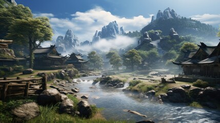 Obraz premium Beautiful Japanese mountainous terrain with fog in the background game art