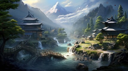 Fototapeta premium Beautiful Japanese mountainous terrain with fog in the background game art
