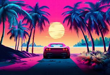 Illustration of a 80s style vaporwave retro futuristic supercar in a blue and pink neon cyber digital Miami city