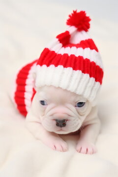 cute white newborn puppy dog wearing red and white hat and outfit isolated on light studio background