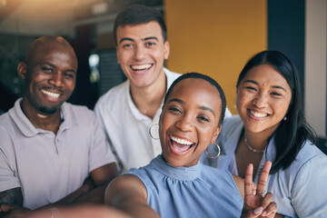 Work selfie, portrait and business people with a peace sign for office teamwork and company friends. Smile, corporate and diversity with employees taking a photo together for happiness and bonding