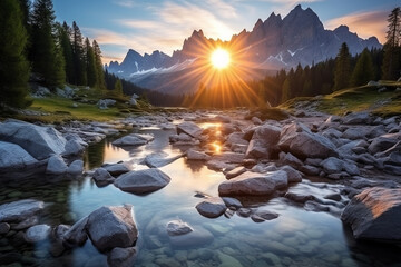 Spectacular sunrise and wonderful alpine Antorno lake with high Sorapis mountains group in background, Dolomites, Italy