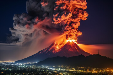 Volcano eruption at night - obrazy, fototapety, plakaty
