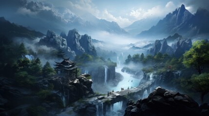 Obraz premium Beautiful Japanese mountainous terrain with fog in the background game art