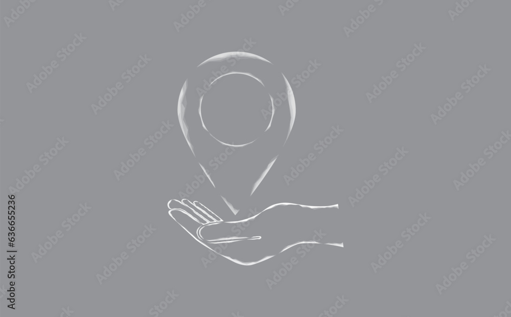 Poster vector illustration of a label for a card on an outstretched hand. the navigator checks the map. map