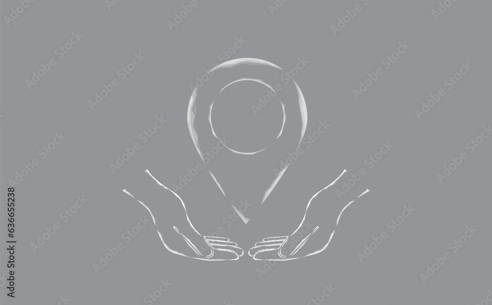 Poster vector illustration of a label for a card on an outstretched hand. the navigator checks the map. map