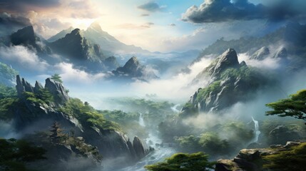 Naklejka na ściany i meble Beautiful Japanese mountainous terrain with fog in the background game art