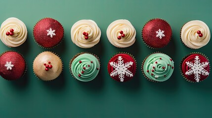 Top view of Christmas themed cupcakes