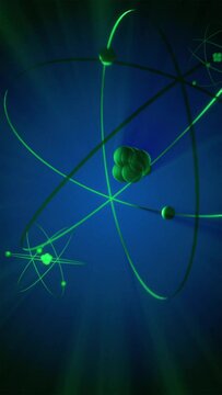 Atoms loop. Vertical video. Lithium, the element with 3 protons and 3 neutrons inside the nucleus and 3 electrons orbiting. Quantum physics is the science of atoms and sub-atomic particles.