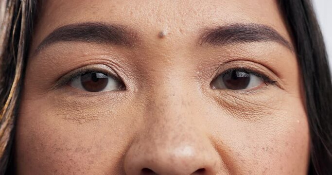 Eyes, face closeup and woman with skincare, lashes and vision exam for optical test. Portrait, microblading and eye care of a person from Hawaii with eyebrow treatment results with dermatology
