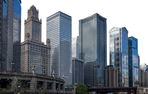 Chicago skyline isolated at white transparent background, PNG. United States	