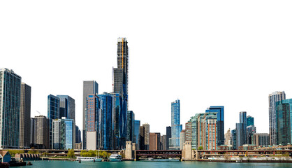 Fototapeta na wymiar Chicago skyline isolated at white transparent background, PNG. United States 