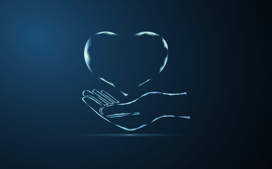 Heart on hand, vector illustration. The frame of the heart in the light, lying on the hand. Heart on the hand on a blue background.
