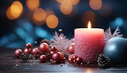 a candle burns in a homely Christmas atmosphere with glittering bokeh  , generative AI