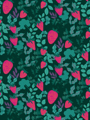 A luxurious berry print with bright crimson strawberries  and green leaves in a hand-drawn style.Floral botanical pattern,  strawberry print, wallpaper  with berries, folk modern vintage motifs Vector