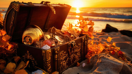 Open treasure chest filled with gold coins. Generative Ai