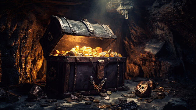 Pirates treasure chest in cave. Generative Ai