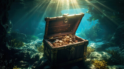 Treasure chest underwater in ocean. Generative Ai