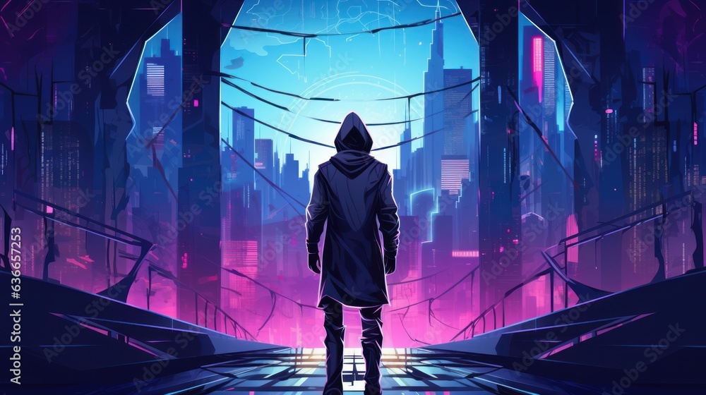 Poster cyberpunk hacker in a futuristic setting