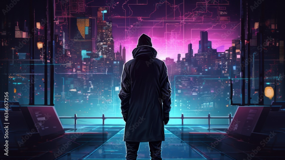 Poster cyberpunk hacker in a futuristic setting