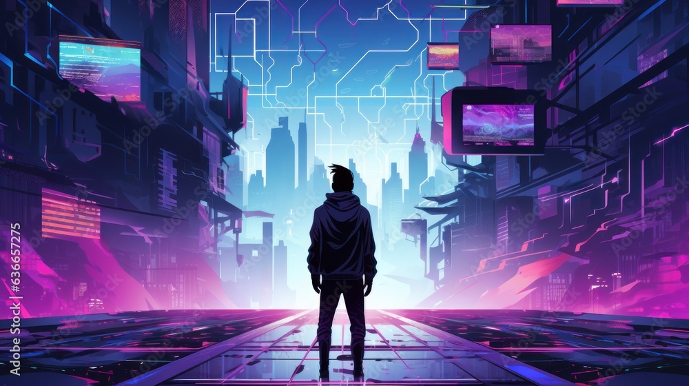 Poster cyberpunk hacker in a futuristic setting