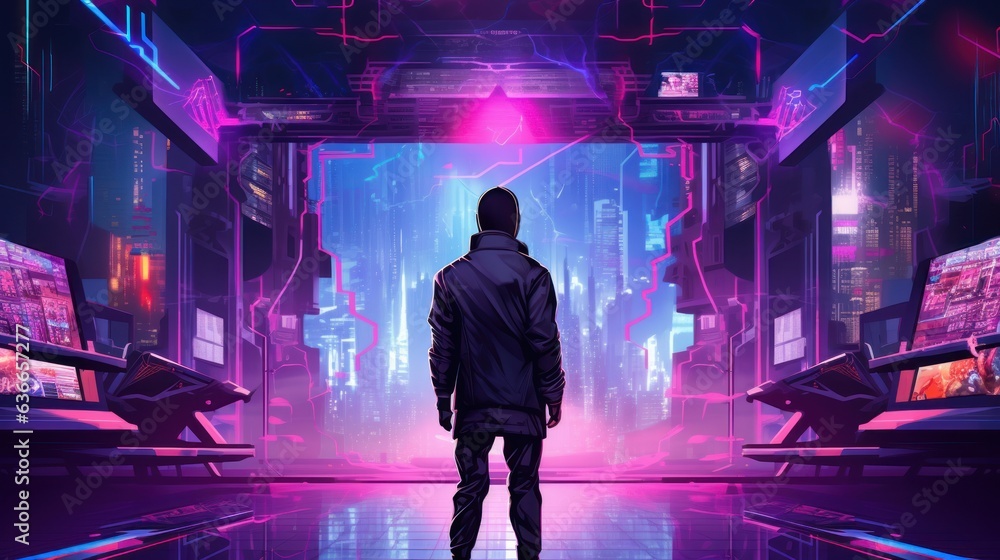 Poster cyberpunk hacker in a futuristic setting