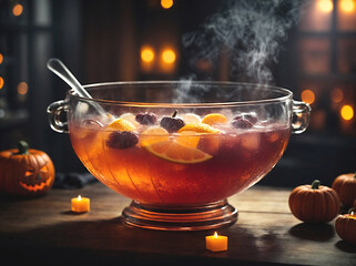 Halloween Punch Bowl Pumpkins and Candles AI Generated