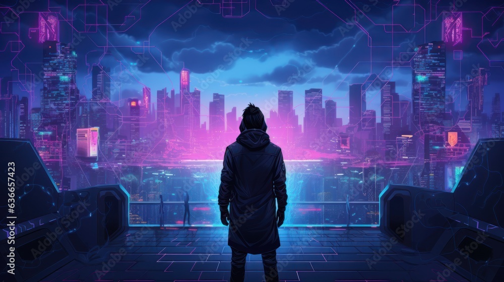 Poster cyberpunk hacker in a futuristic setting