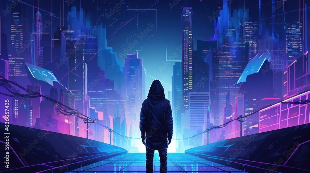 Poster cyberpunk hacker in a futuristic setting