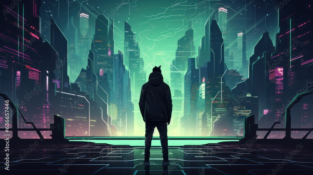 Poster cyberpunk hacker in a futuristic setting