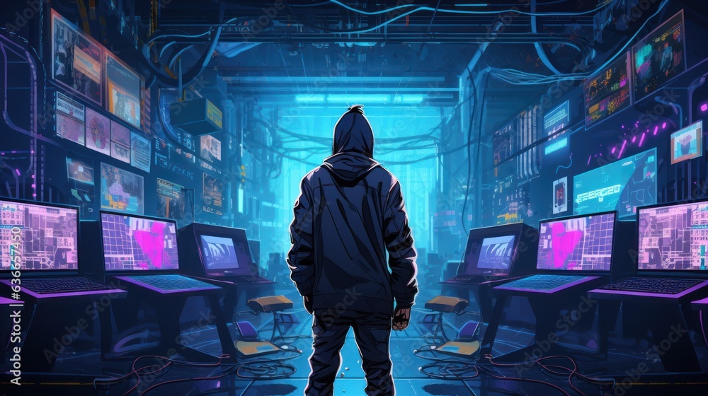Poster cyberpunk hacker in a futuristic setting